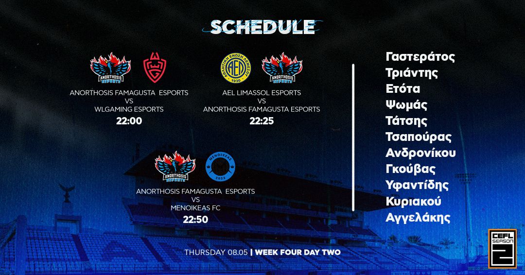 🔥MATCHDAY - W4D2

⚔️WLGaming Esports
⏰22:00
⚔️AEL Limassol eSports
⏰22:25
⚔️Menoikeas FC
⏰22:50

#For1911Reasons #FreedomToFamagusta #CEFL