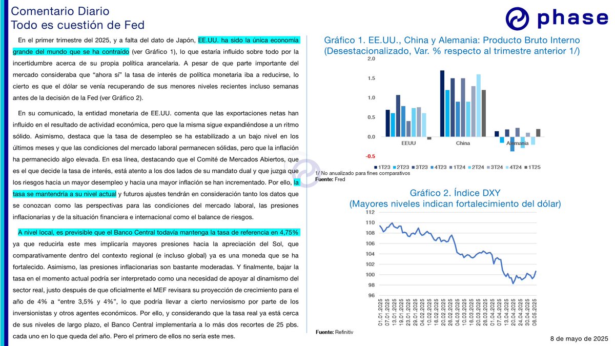 #Economía #Perú 
El mantenimiento de la tasa de política monetaria en EE.UU. llevaría a que la tasa local se mantenga estable este mes.
¡Le invitamos a leer nuestro reporte diario!