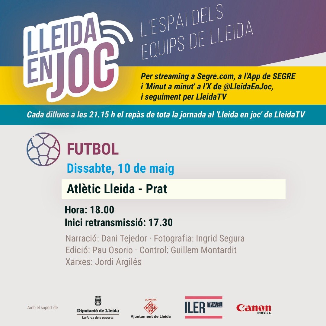 💥 Aquest cap de setmana, DOBLE ració de FUTBOL a #LleidaEnJoc⚽️

📆 Dissabte a les 18:00h: L'<a href="/atletic_lleida/">Atlètic Lleida</a> rep al <a href="/aeprat1945/">AE Prat</a> al Ramon Farrús!📻
#AtlèticLleidaPrat

📆 Diumenge a les 12:30h: La <a href="/SEAEM_1925/">Secció Esportiva AEM</a> rep al <a href="/DUXLogrono/">DUX Logroño</a> al Recasens per <a href="/LleidaTV/">Lleida TV</a>!📺
#AEMDUXLogroño