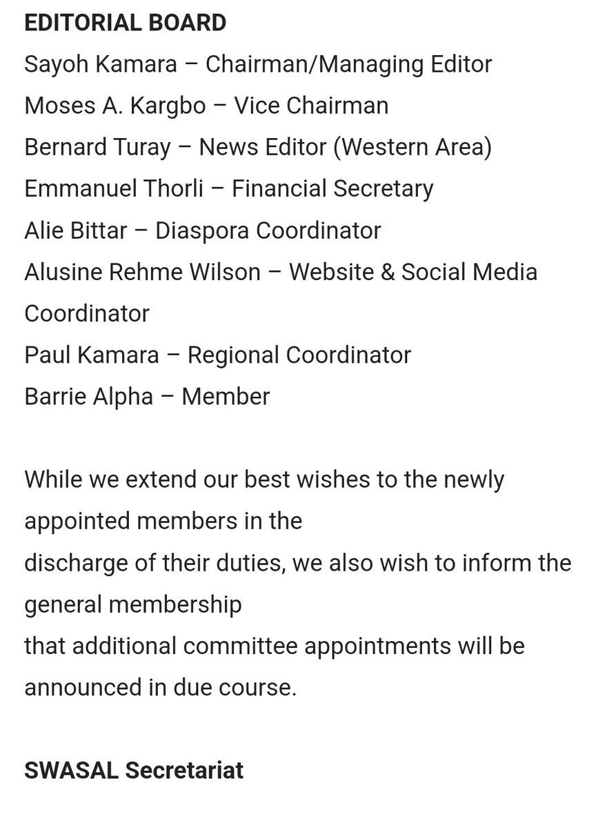 Sports Writers Association of Sierra Leone (@swasal_sl) on Twitter photo Our Executive led by <a href="/morrisjr88/">Sahr Morris Jr</a> has announced the formation of four strategic committees aimed at enhancing the association’s governance, discipline, recognition, and editorial output.
sportswriterssl.com/?p=237 Our Executive led by <a href="/morrisjr88/">Sahr Morris Jr</a> has announced the formation of four strategic committees aimed at enhancing the association’s governance, discipline, recognition, and editorial output.
sportswriterssl.com/?p=237