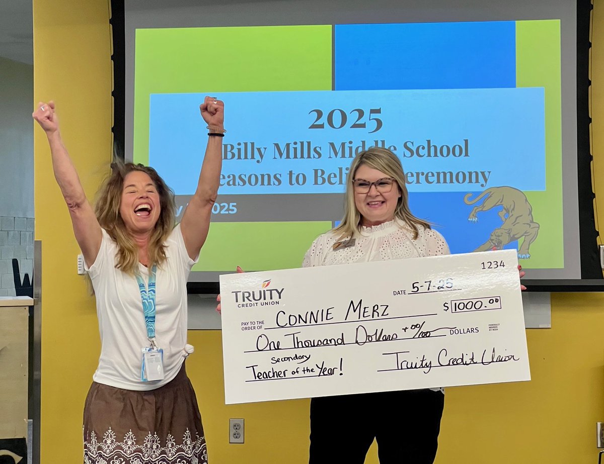 BMMSCougars's tweet photo. 🎉 Staff News!
On May 7th, Ms. Merz was awarded the Lawrence Secondary Teacher of the Year; &amp; will be our district’s nominee for Kansas Teacher of the Year in the fall.

LEAP partner Truity Credit Union awarded Ms. Merz with a $1,000 check. Thank you &amp; congratulations, Ms. Merz! https://t.co/jJbIAWi3Qg