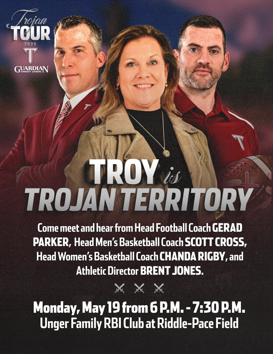 Troy Athletics (@troyathletics) on Twitter photo ๐๐๐๐๐๐ ๐๐๐๐๐
Monday, May 19, is the start of Trojan Tour 2025!
Fans will have the chance to meet and hear from Coach Parker, Coach Rigby, and Coach Cross in Ozark and Troy!
๐บ๏ธOzark
๐Hoppergrass Restaurant
โฐ11:30 a.m. - 1 p.m.
๐บ๏ธTroy
๐Unger Family RBI Club at ๐๐๐๐๐๐ ๐๐๐๐๐
Monday, May 19, is the start of Trojan Tour 2025!
Fans will have the chance to meet and hear from Coach Parker, Coach Rigby, and Coach Cross in Ozark and Troy!
๐บ๏ธOzark
๐Hoppergrass Restaurant
โฐ11:30 a.m. - 1 p.m.
๐บ๏ธTroy
๐Unger Family RBI Club at