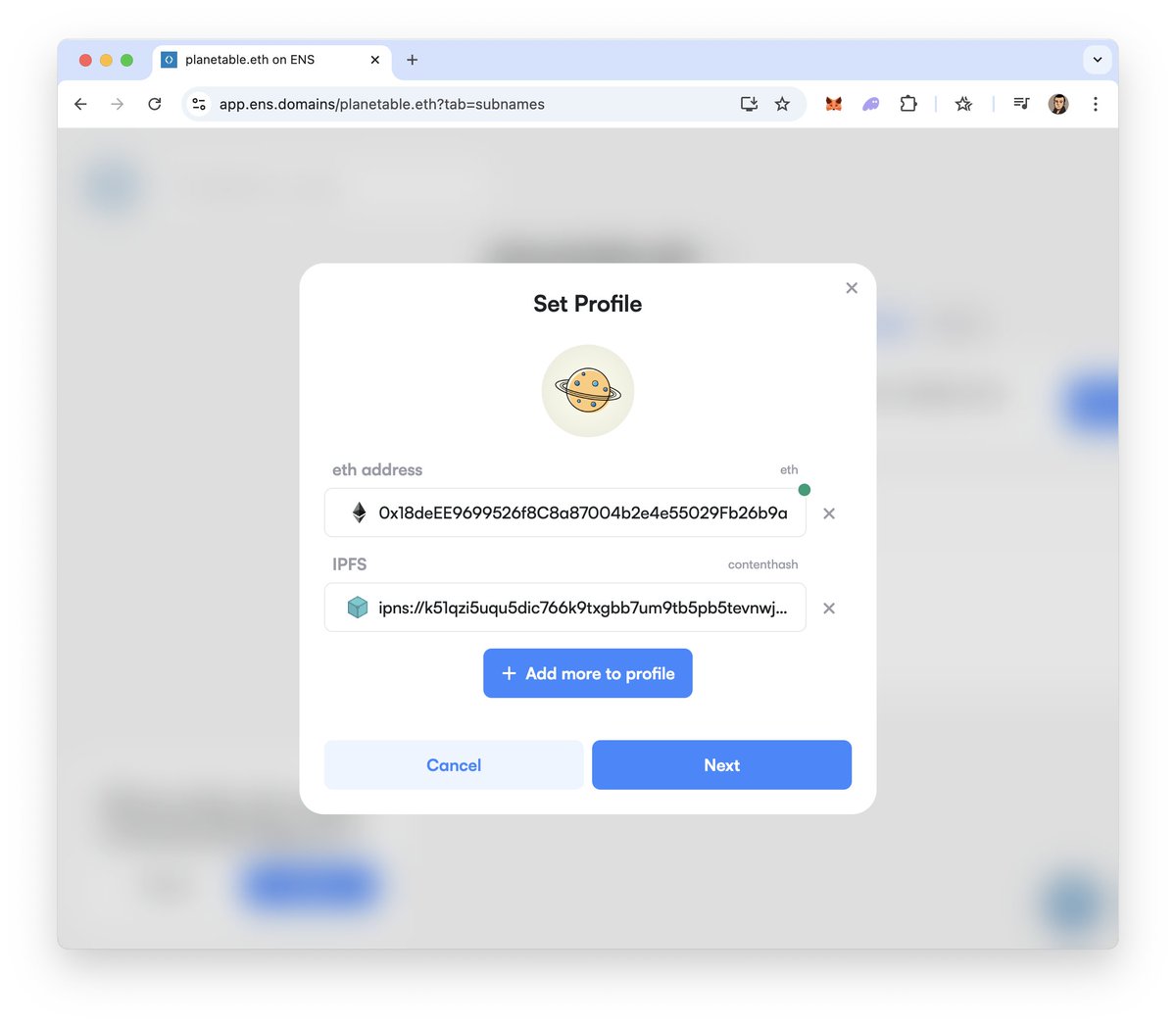 ENS app has been evolving. Now, when you add a subname, you can also set avatar and IPFS/IPNS website record in one transaction!