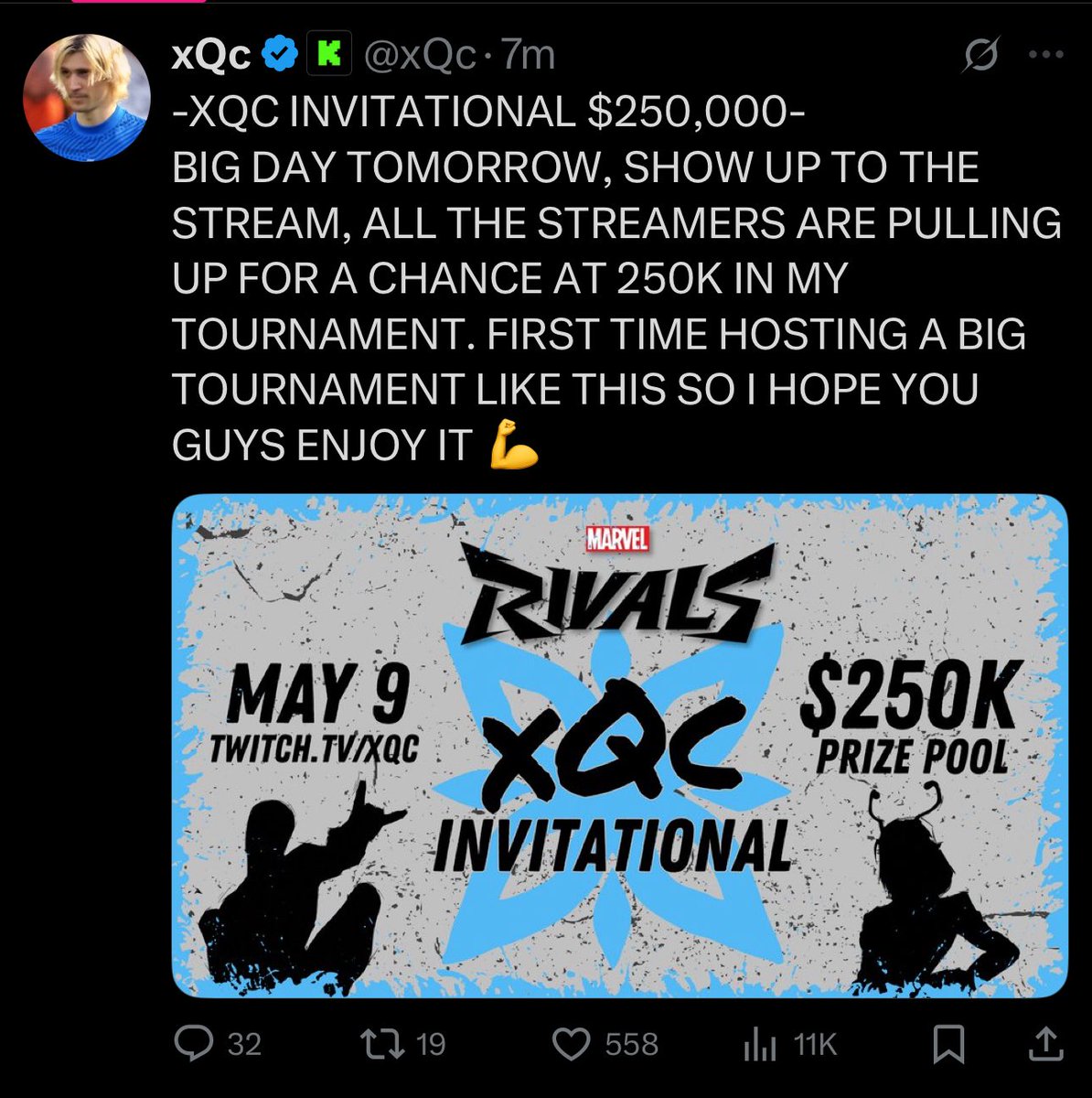 slushfunder's tweet image. xQc’s self-hosted Marvel Rivals tournament launches tomorrow 😳

The prize pool is $250,000 and promises to include a few notable streamers 👀
