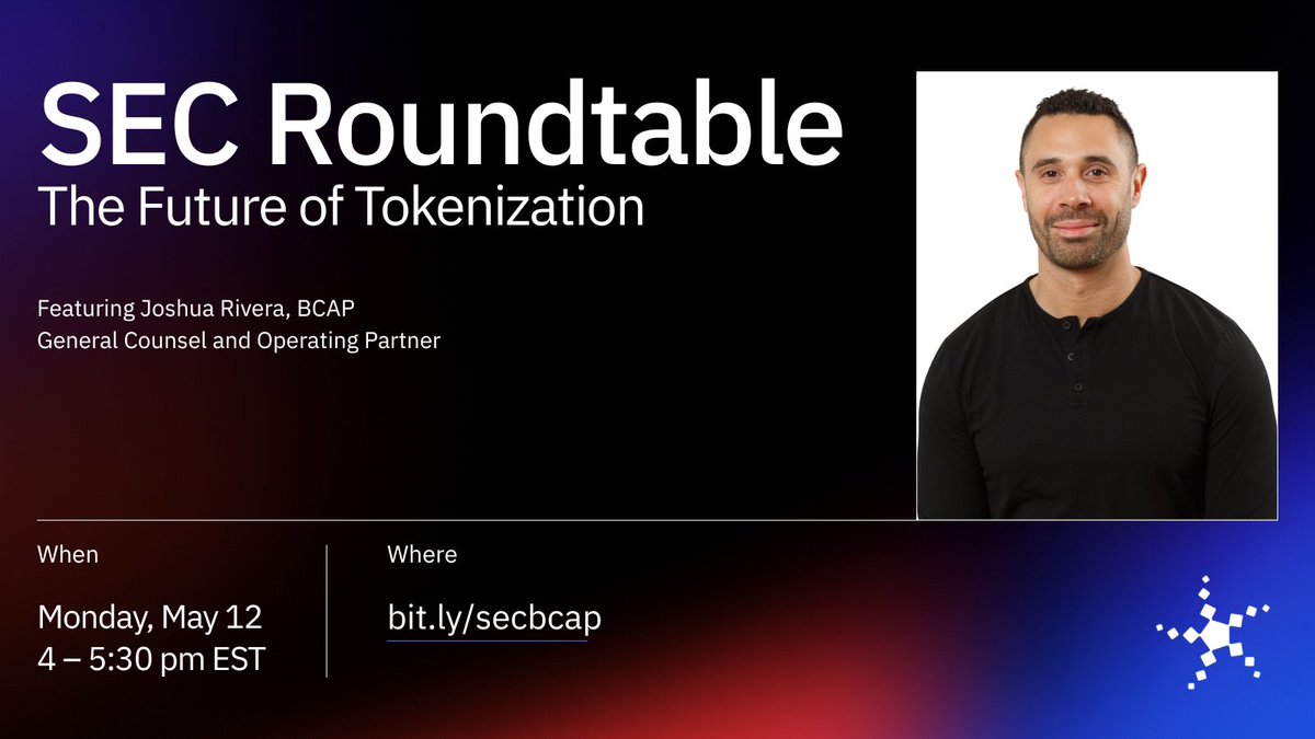 Blockchain Capital (@blockchaincap) on Twitter photo Next Monday, our General Counsel & Operating Partner <a href="/h_joshua_rivera/">h. joshua 'some legal dude' rivera</a> joins the <a href="/SECGov/">U.S. Securities and Exchange Commission</a> Crypto Task Force for a public roundtable on “Tokenization: Bringing Traditional Assets Onchain”
A step toward tech-neutral regulation, bridging TradFi and DeFi to keep the US at the Next Monday, our General Counsel & Operating Partner <a href="/h_joshua_rivera/">h. joshua 'some legal dude' rivera</a> joins the <a href="/SECGov/">U.S. Securities and Exchange Commission</a> Crypto Task Force for a public roundtable on “Tokenization: Bringing Traditional Assets Onchain”
A step toward tech-neutral regulation, bridging TradFi and DeFi to keep the US at the