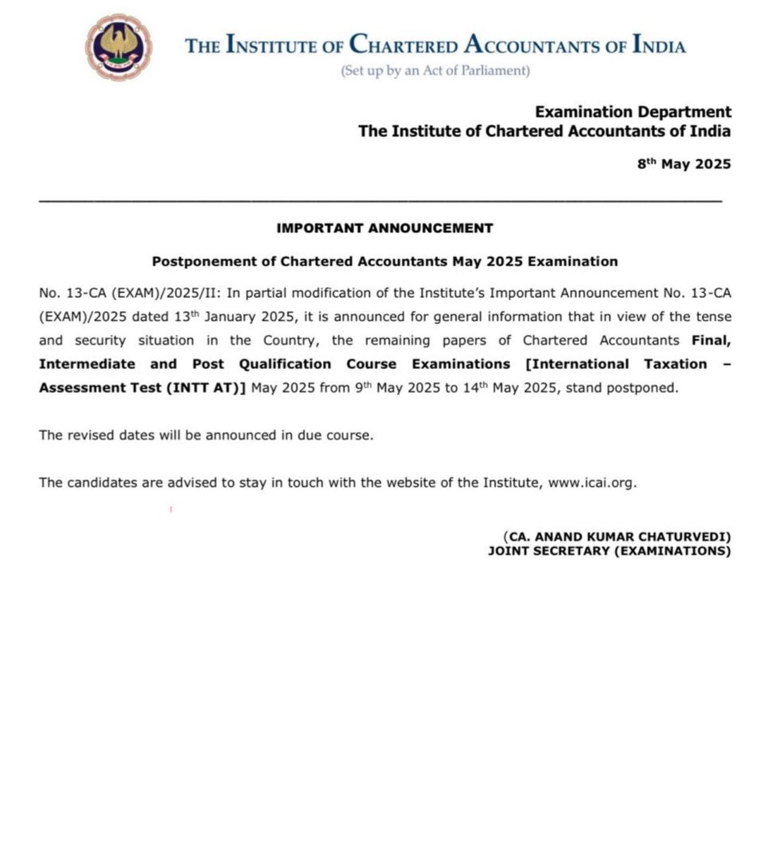 CA Rakesh (@albelaindian) on Twitter photo CA exams postponed… <a href="/theicai/">Institute of Chartered Accountants of India - ICAI</a>
#IndiaPakistanWar
#IndianArmy
#OperationSindhoor CA exams postponed… <a href="/theicai/">Institute of Chartered Accountants of India - ICAI</a>
#IndiaPakistanWar
#IndianArmy
#OperationSindhoor