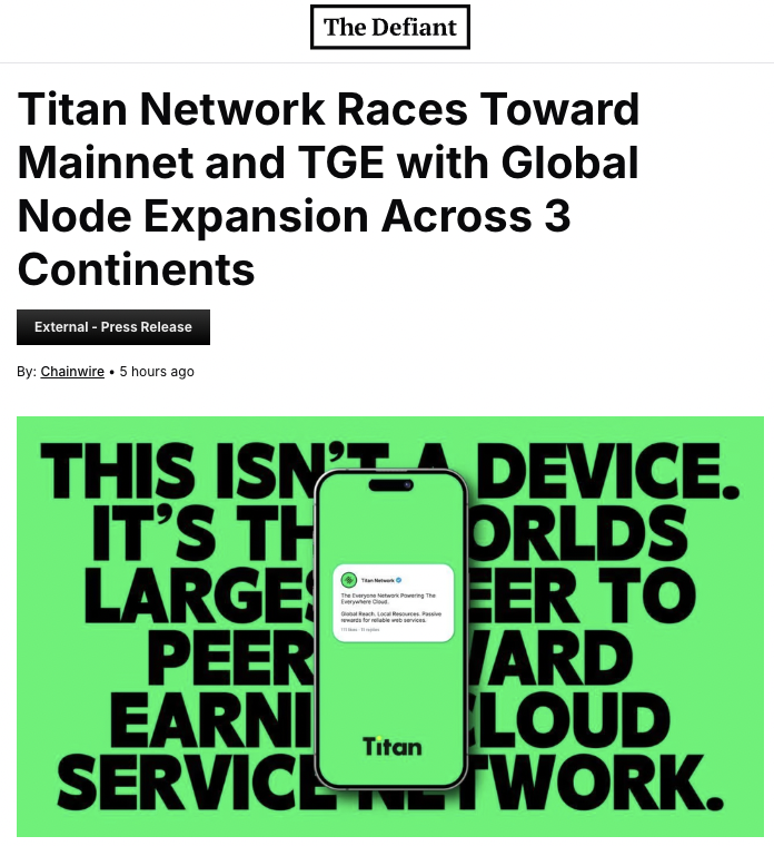 Not everyone can own a datacenter.

But anyone can run a Titan node.

Titan already powers 650K+ devices across 21 countries, helping clients like TikTok, Tencent, and iQIYI slash cloud costs by up to 75%.

Now, The Defiant just broke the story.

👉 Read the full feature here: