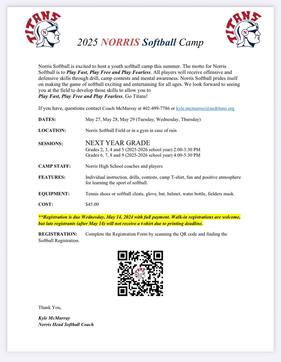 The Norris Youth Softball Camp is just around the corner!  Sign your daughter up!