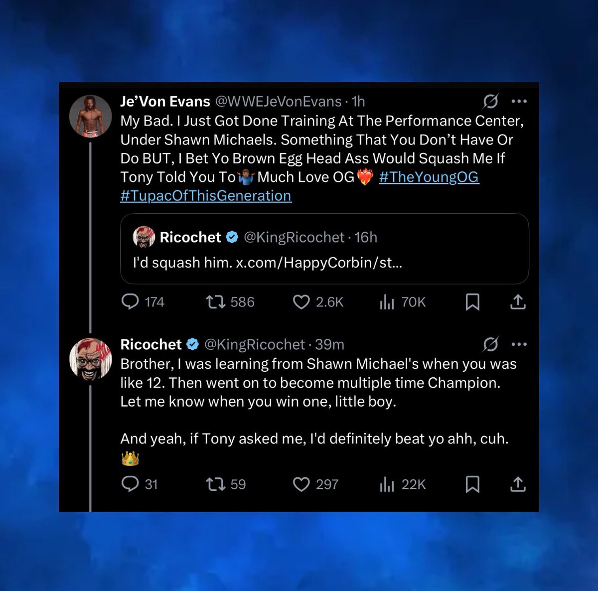 WrestleOps's tweet image. Je’Von Evans goes off on Ricochet in Twitter exchange.