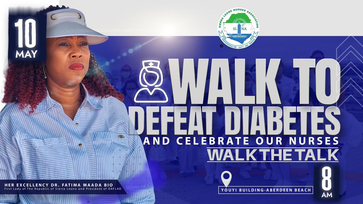 We are walking this Saturday, 10th May,2025, to bring awareness on the impact of diabetes. This is in honour of all those suffering from diabetes silently. 

The start time is 7.30 am, at the Youyi Building. 

Let us walk to defeat diabetes and celebrate H.E. Dr Julius Maada