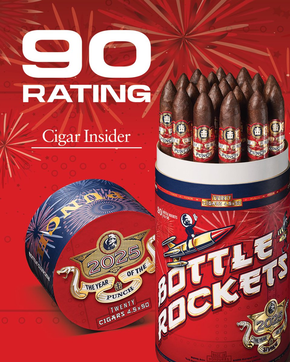Punch Cigars (@punchcigars) on Twitter photo Cheers to <a href="/CigarAficMag/">Cigar Aficionado</a> and Cigar Insider for telling us what we already knew: Bottle Rocket is a certified banger. 💥
Chime in and let me know what you think of this limited-edition masterpiece.
#PunchCigars #90Rating #CigarAficionado #LimitedEdition #PunchBottleRocket Cheers to <a href="/CigarAficMag/">Cigar Aficionado</a> and Cigar Insider for telling us what we already knew: Bottle Rocket is a certified banger. 💥
Chime in and let me know what you think of this limited-edition masterpiece.
#PunchCigars #90Rating #CigarAficionado #LimitedEdition #PunchBottleRocket