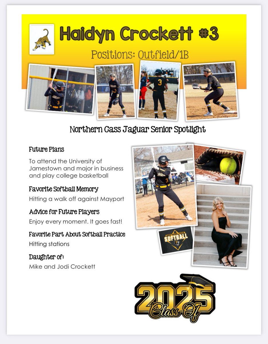 NCJagsoftball's tweet image. Senior Spotlight🥎
🖤#3 Haidyn Crockett 💛