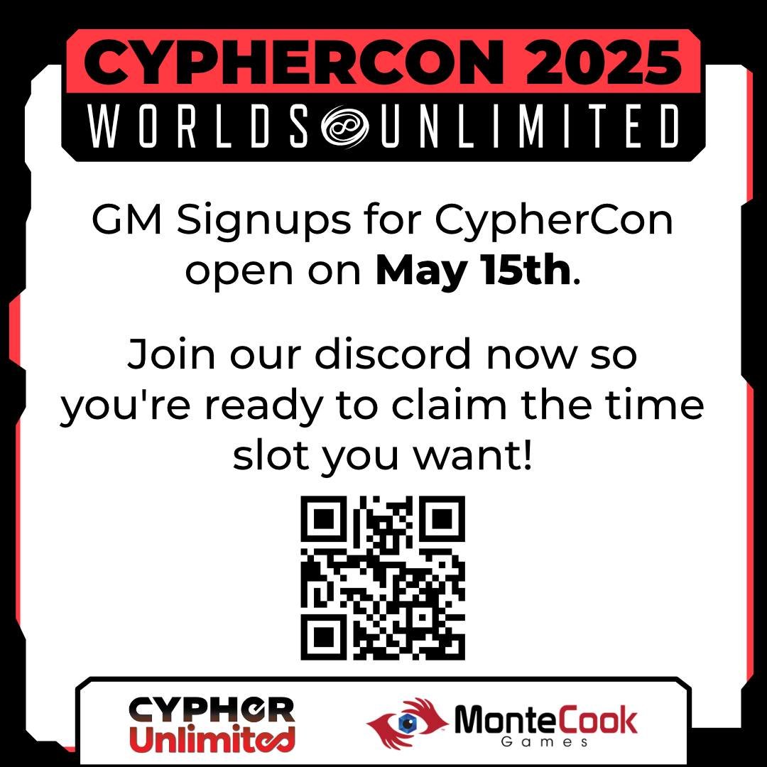 Cypher Unlimited (@cypherunlimited) on Twitter photo Hey Guys! Cypher Con GM sign ups is a few days away! Hurry up and join the CU discord before May 15th! <a href="/MonteCookGames/">Monte Cook Games</a> Hey Guys! Cypher Con GM sign ups is a few days away! Hurry up and join the CU discord before May 15th! <a href="/MonteCookGames/">Monte Cook Games</a>