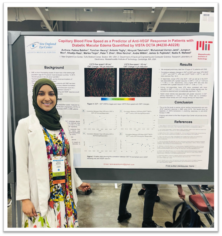 OCT_Waheed's tweet photo. Our OCT research fellow Dr. Fatima Babiker presenting a poster on capillary blood flow speed as a predictor for anti-VEGF therapy in patients with diabetic macular edema at ARVO 2025. #TuftsMedicine #ARVO2025 @TuftsMCResearch @OCT_Waheed  @TuftsMedicine https://t.co/r3Xp0D15tt