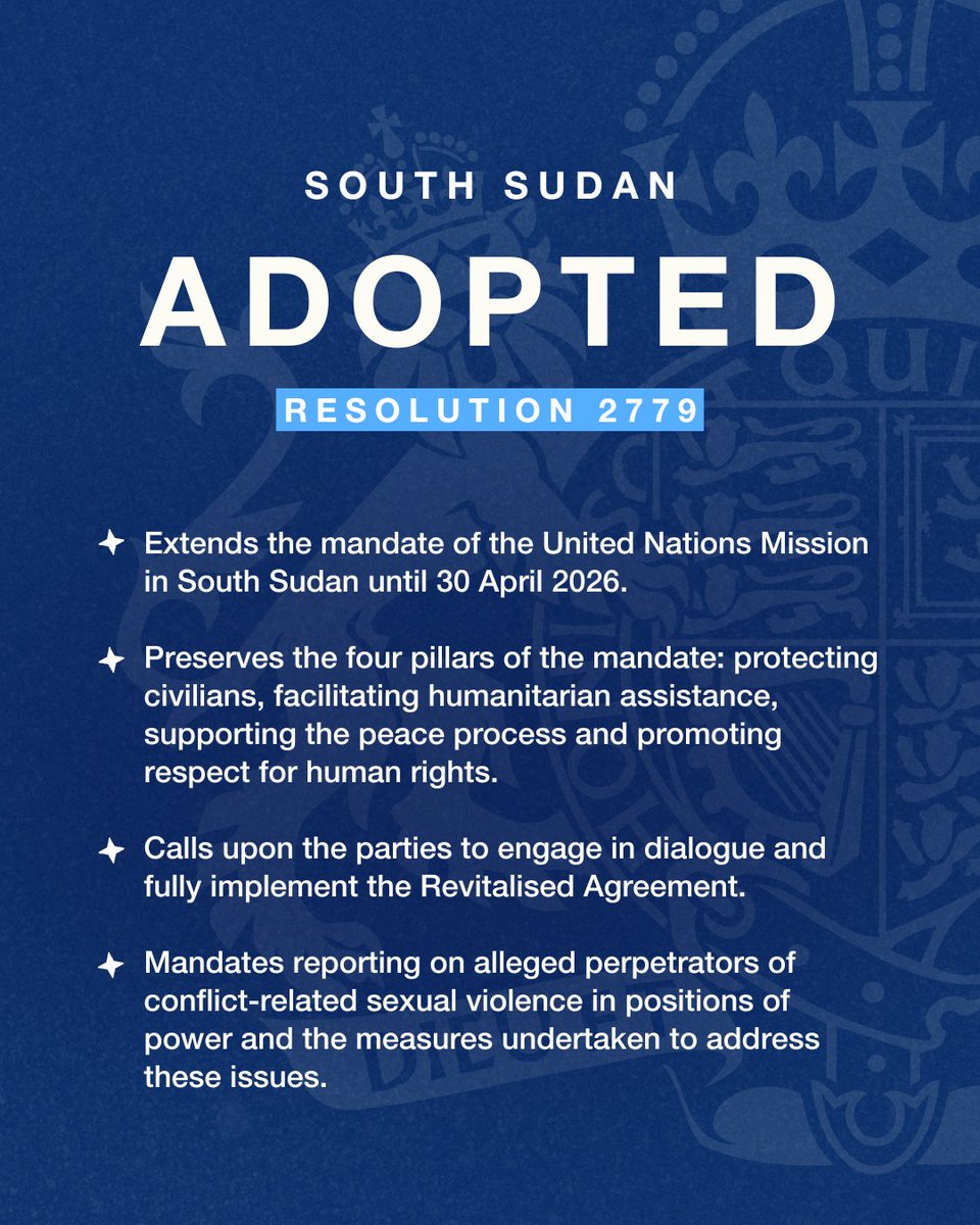 UK at the UN ๐ฌ๐ง๐บ๐ณ (@ukun_newyork) on Twitter photo Today the <a href="/UN/">United Nations</a> Security Council voted to extend the mandate of @UNMISSmedia.
The recent instability in South Sudan is a reminder of the importance of UNMISS. We commend its work to de-escalate tensions and protect civilians.
UNMISS must be able to operate without interference. Today the <a href="/UN/">United Nations</a> Security Council voted to extend the mandate of @UNMISSmedia.
The recent instability in South Sudan is a reminder of the importance of UNMISS. We commend its work to de-escalate tensions and protect civilians.
UNMISS must be able to operate without interference.