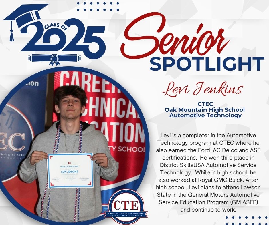 During the month of May, we are spotlighting seniors who are in our CTE programs who plan to pursue a career in that same program! Congratulations to Levi Jenkins from Oak Mountain High School! #senior #OMHS #automotive #automotivetechnology