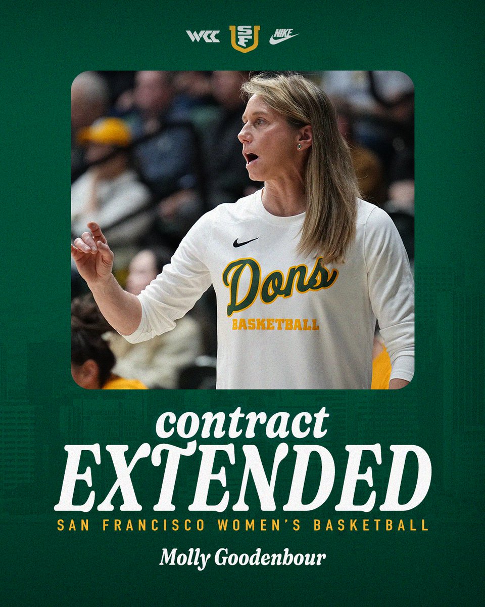 San Francisco Women's Basketball (@usfdonswbb) on Twitter photo ๐๐ฑ๐ญ๐๐ง๐๐๐ โ๏ธ 
Head Coach Molly Goodenbour has been extended through the 2027-28 season!  
๐ฐFull Release: bit.ly/4jIIZa9 
#USFDons | #WCChoops ๐๐ฑ๐ญ๐๐ง๐๐๐ โ๏ธ 
Head Coach Molly Goodenbour has been extended through the 2027-28 season!  
๐ฐFull Release: bit.ly/4jIIZa9 
#USFDons | #WCChoops