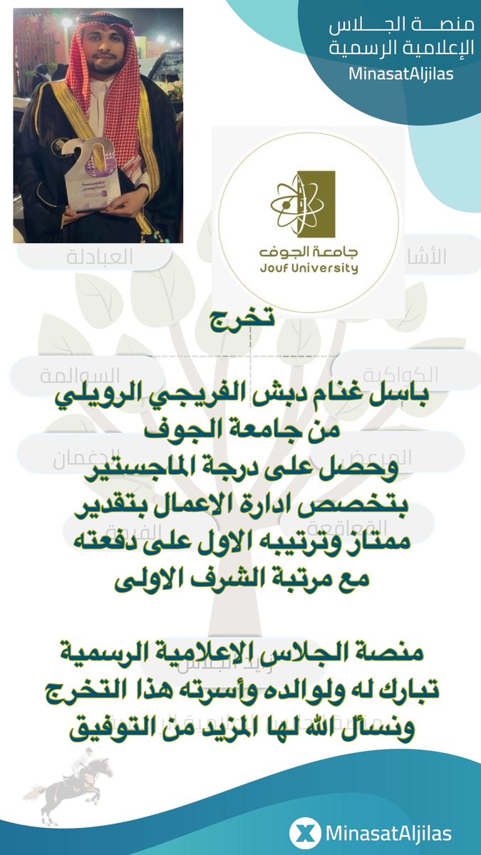#تخرج 

باسل غنام دبش الفريجي #الرويلي 
من #جامعة_الجوف 
وحصل على درجة #الماجستير 
بتخصص #ادارة_الاعمال بتقدير 
#ممتاز وترتيبه #الاول على دفعته
مع #مرتبة_الشرف_الاولى  

#منصة_الجلاس_الاعلامية_الرسمية 
تبارك له ولوالده وأسرته هذا التخرج 
ونسأل الله لها المزيد من التوفيق
#الفرجه