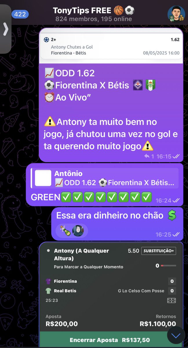 TonyTipsHz's tweet image. O dia mal começou e a gente já colocou uma ODD 5.00 e um ODD 1.62 no bolso, não entrou no grupo ainda? Ta perdendo hein… 😜😜😜✅✅✅
(Lembrando da nossa ODD 19.50 que está em aberto e com muita chance de bater = Antony marca + Antony receber cartão)
📈✅