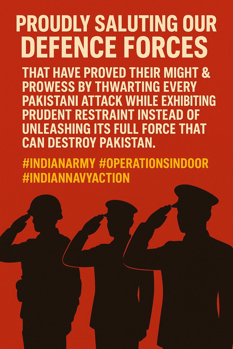 RohanKhaunte's tweet photo. Proudly Saluting Our Defence Forces that have proved their Might & Prowess by thwarting every Pakistani attack while exhibiting Prudent Restraint instead of Unleashing its Full Force that can Destroy Pakistan.

#IndianArmy #OperationSindoor #IndianNavyAction 

@narendramodi @AmitShah @rajnathsingh @adgpi @IAF_MCC @IN_WNC @IN_HQENC @IAjitDoval_IND