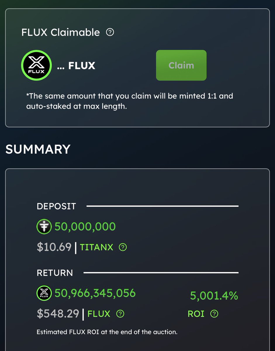 Who’s still here watching the TitanX auction protocols ? 

FLUX churning out ROI daily for participants .. check it out 👇