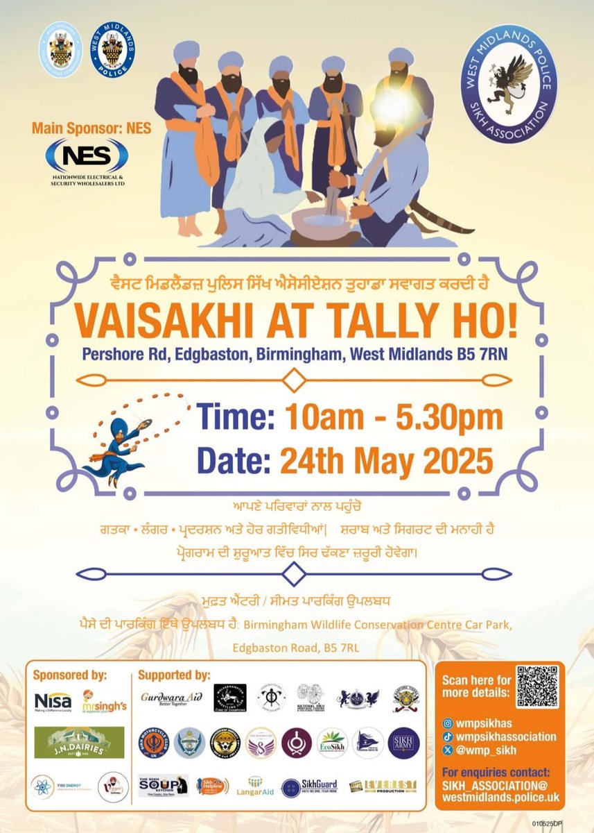 We're thrilled to share the official poster for the West Midlands Police Sikh Association's Vaisakhi at Tally Ho celebration💙

This promises to be a fantastic day of community engagement, featuring educational activities, art, crafts, sports, cultural experiences, and langar 🙏