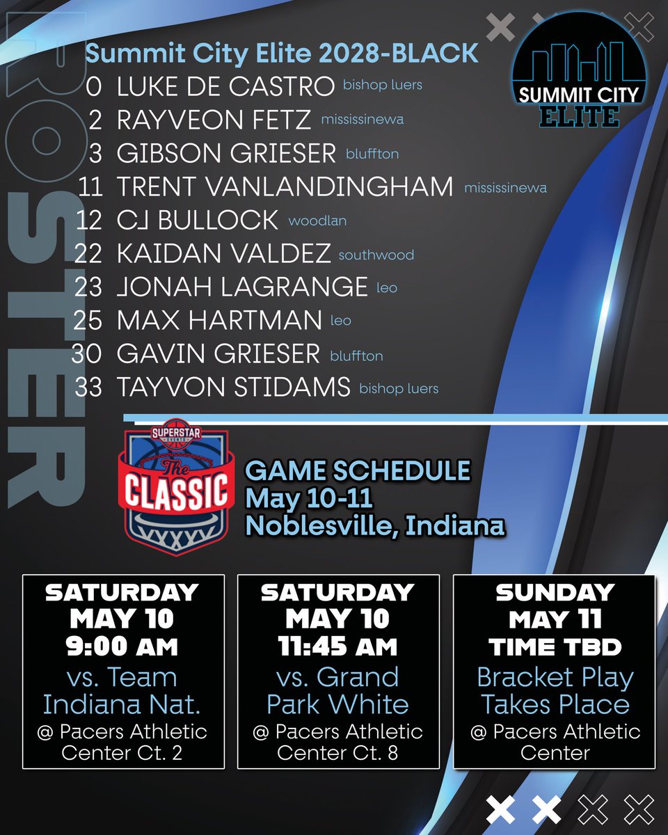 Summit City Elite (@elitesummit) on Twitter photo Headed to the 317‼️ This weekend, the SCE high school teams will visit Noblesville for The Classic, presented by Superstar Events.
Check out our high school black teams rosters and schedules for the two-day event 🔵⚫️
<a href="/INPrep/">Eric Gardner</a> <a href="/INBBallSource/">Trevor Andershock</a> <a href="/ZT17Hoops/">Zak Tyler</a> <a href="/BRamseyKSR/">Brandon Ramsey</a> <a href="/kylerstaley/">Kyler Staley</a> Headed to the 317‼️ This weekend, the SCE high school teams will visit Noblesville for The Classic, presented by Superstar Events.
Check out our high school black teams rosters and schedules for the two-day event 🔵⚫️
<a href="/INPrep/">Eric Gardner</a> <a href="/INBBallSource/">Trevor Andershock</a> <a href="/ZT17Hoops/">Zak Tyler</a> <a href="/BRamseyKSR/">Brandon Ramsey</a> <a href="/kylerstaley/">Kyler Staley</a>