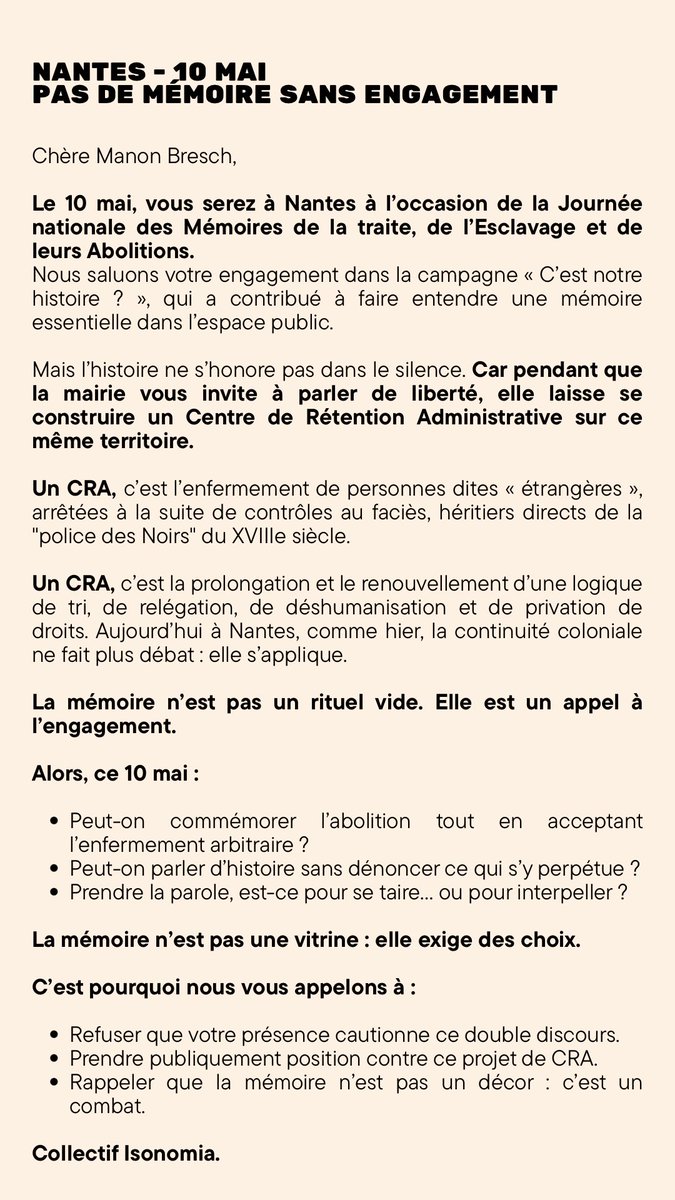 isonomia_pure's tweet photo. Lettre ouverte @Manon_Bresch
#10mai
La mémoire n’est pas un rituel vide. #STOPCRA #Nantes #NiIciNiAilleurs https://t.co/9eTZduEUdD