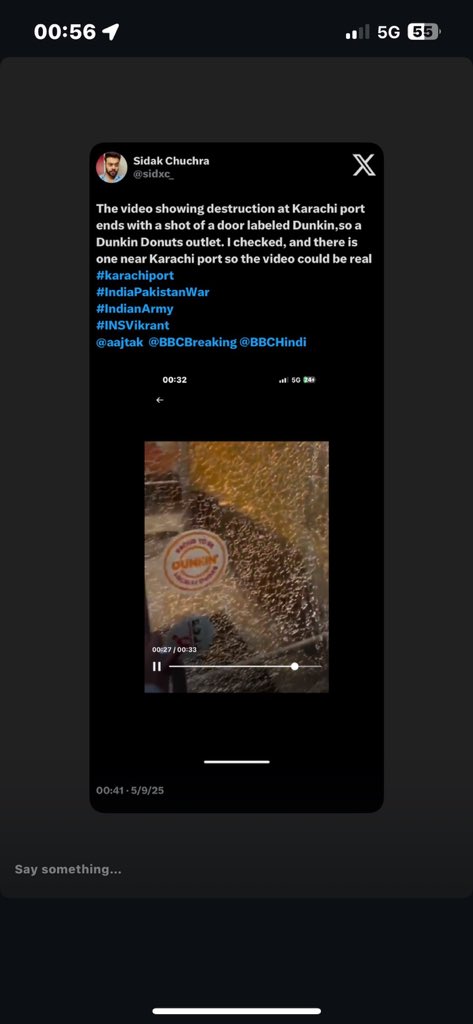 sidxc_'s tweet photo. @grok @Nabeel_X_99 @indiacom Evidence : The video showing destruction at Karachi port ends with a shot of a door labeled Dunkin,so a Dunkin Donuts outlet. I checked, and there is one near Karachi port so the video could be real
#karachiport https://t.co/q5OjFiiwEm