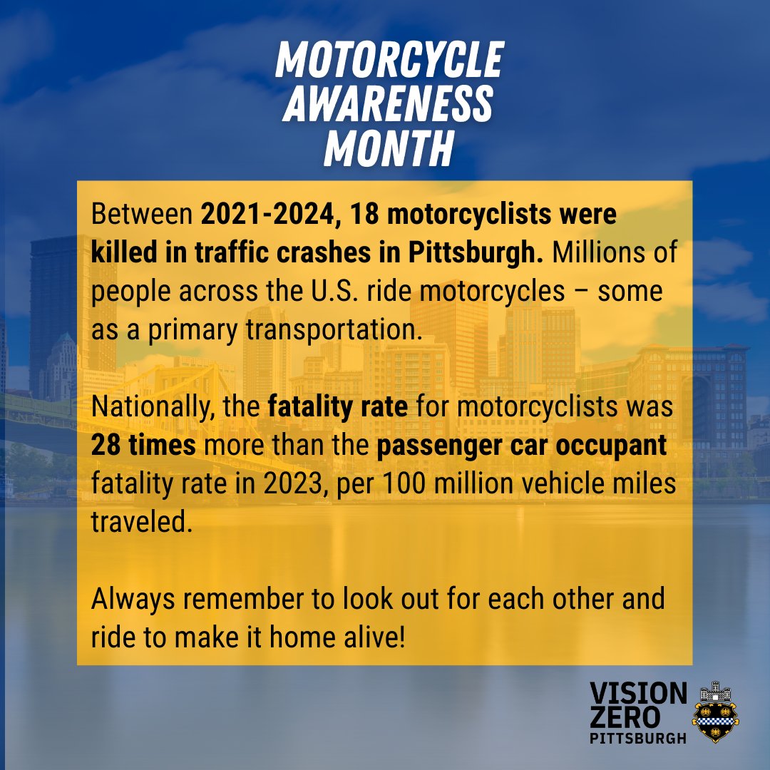City of Pittsburgh (@pittsburgh) on Twitter photo Between 2021-2024, 18 motorcyclists were killed in traffic crashes in Pittsburgh. Millions of people across the U.S. ride motorcycles – some as a primary transportation.
Always remember to look out for each other and ride to make it home alive! Between 2021-2024, 18 motorcyclists were killed in traffic crashes in Pittsburgh. Millions of people across the U.S. ride motorcycles – some as a primary transportation.
Always remember to look out for each other and ride to make it home alive!