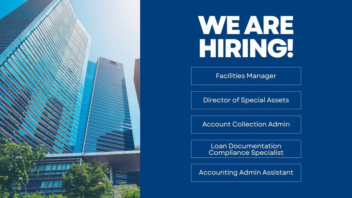 United Leasing &amp; Finance is on the lookout for talented, driven individuals!

Now hiring:
🏢 Facilities Manager
🚚 Director of Special Assets
📞 Account Collection Admin
📑 Loan Documentation Compliance Specialist
📈 Accounting Admin Assistant

➡️ ow.ly/ucNb50VPxUi