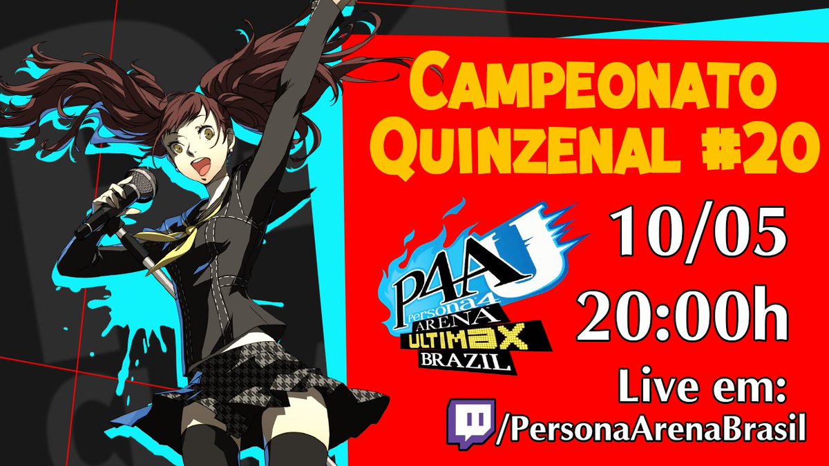 Inscrições abertas pra vigésima edição do nosso Quinzenal de Persona 4 Arena Ultimax! Nesse sábado 10/05, começando às 20:00h, venham jogar um personinha de qualidade
Aberto pra toda América do Sul!

Inscreva-se aqui: challonge.com/pt_BR/tourname…
Discord: discord.gg/unw2Zw8vcZ