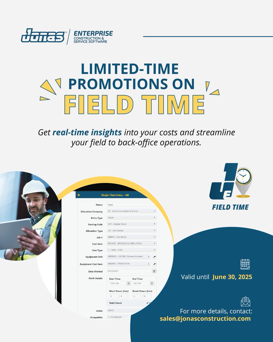 JonasSoftware's tweet image. Save time & cut admin with Field Time—now at a limited-time discount!
-Mobile time entry
-Geofencing
-Crew logging
-Multicompany & union support
-payroll integration & e-signatures
Contact: sales@jonasconstruction.com. Offer ends June 30!
#FieldTime #ConstructionSoftware