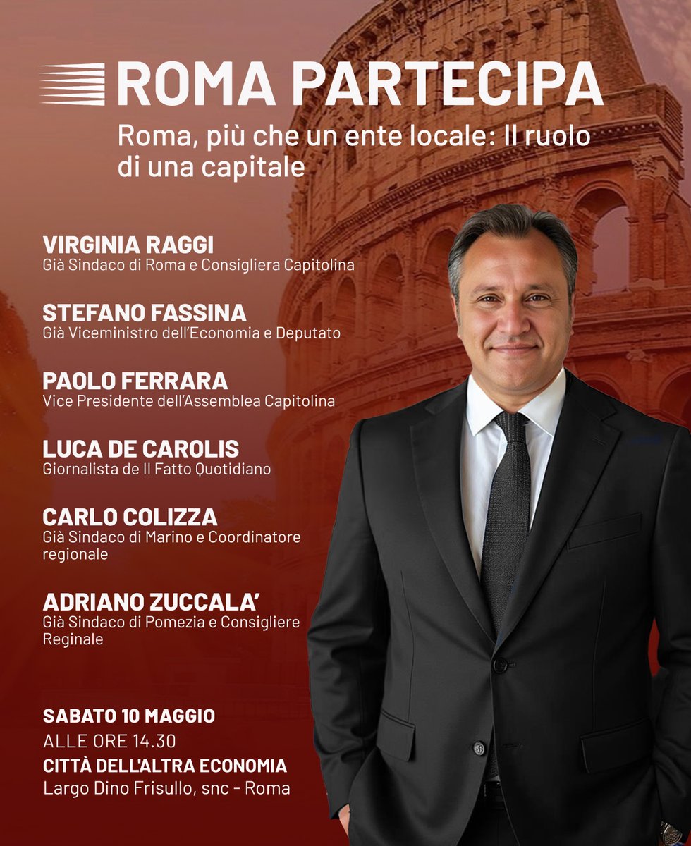 Una giornata speciale: un momento di forza, di squadra, di progetti ma anche di speranza per Roma. Con il Presidente Conte al nostro fianco daremo voce alla Capitale che vogliamo: più giusta, più pulita, più viva.
Dalle 10 del mattino fino a sera.
Non mancate!
