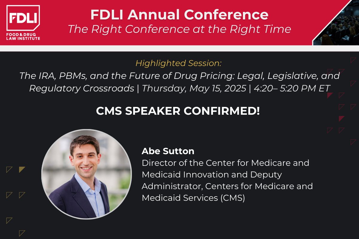 #FDLIAnnual25 Speaker Spotlight: Abe Sutton, Director of the Center for Medicare and Medicaid Innovation and Deputy Administrator, CMS. View the full agenda and register at fdli.org/annual25