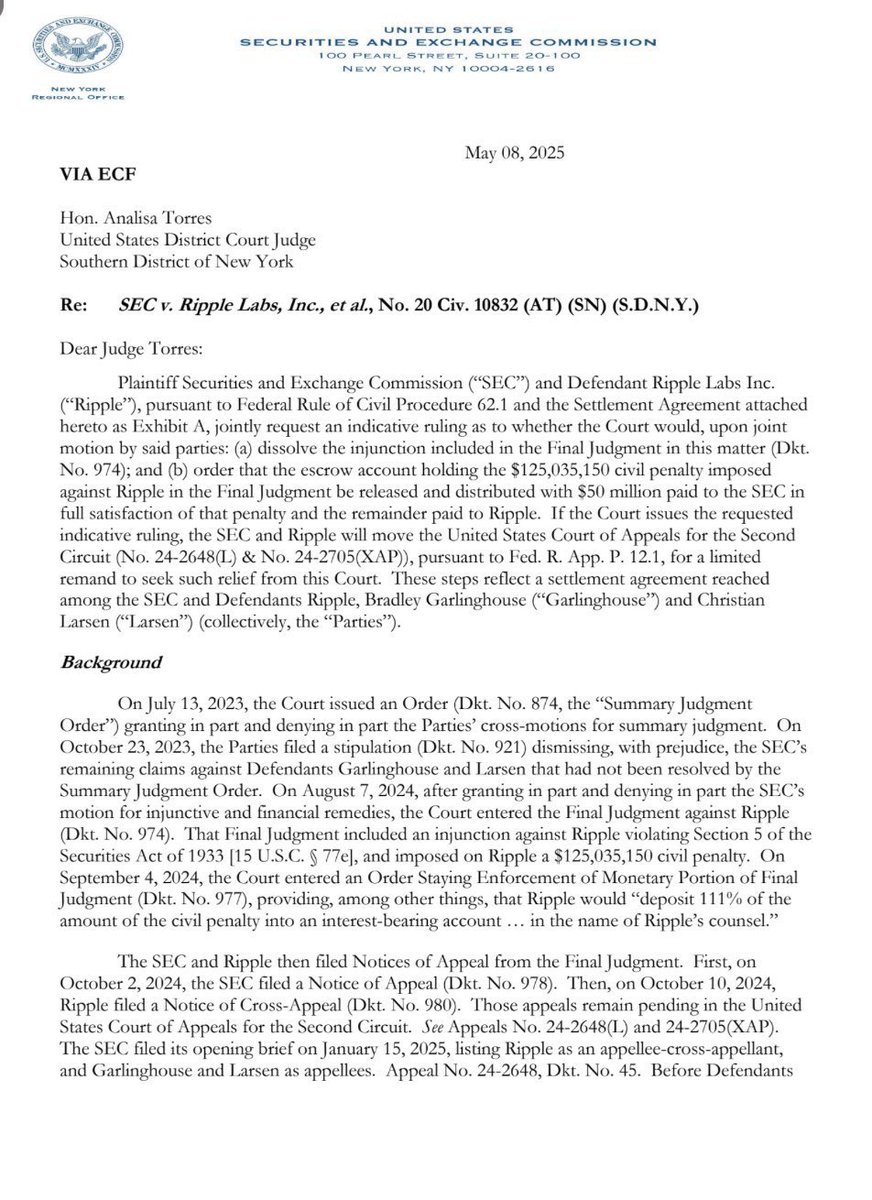 amonyx's tweet image. 🚨BREAKING: IT'S OVER. #XRP 🚀

🇺🇸 U.S. SEC FILES RIPPLE $XRP LAWSUIT SETTLEMENT AGREEMENT LETTER