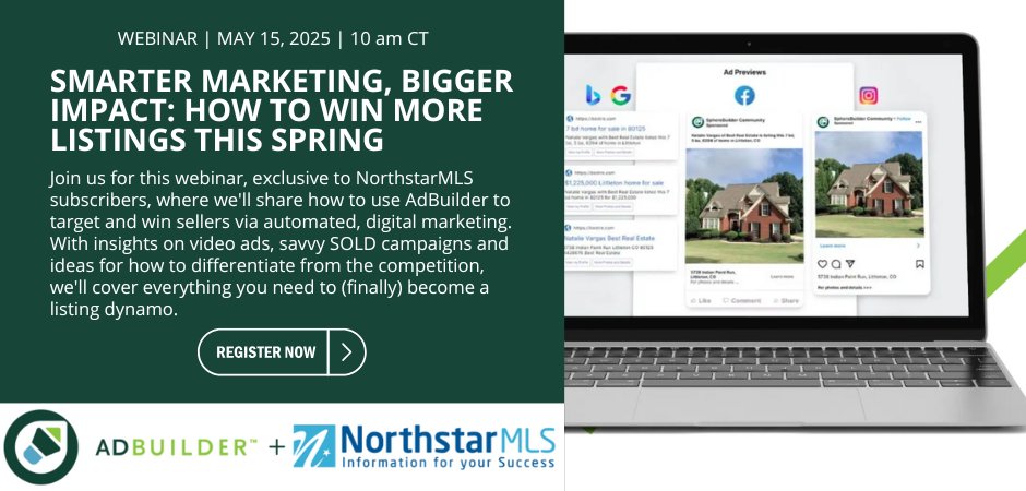 Hey NorthstarMLS subscribers: Has figuring out video ads and developing savvy SOLD campaigns been on your to-do list? Become a listing dynamo by putting AdBuilder to work right from Add/Edit! Register for the webinar here: tinyurl.com/2chj9up5