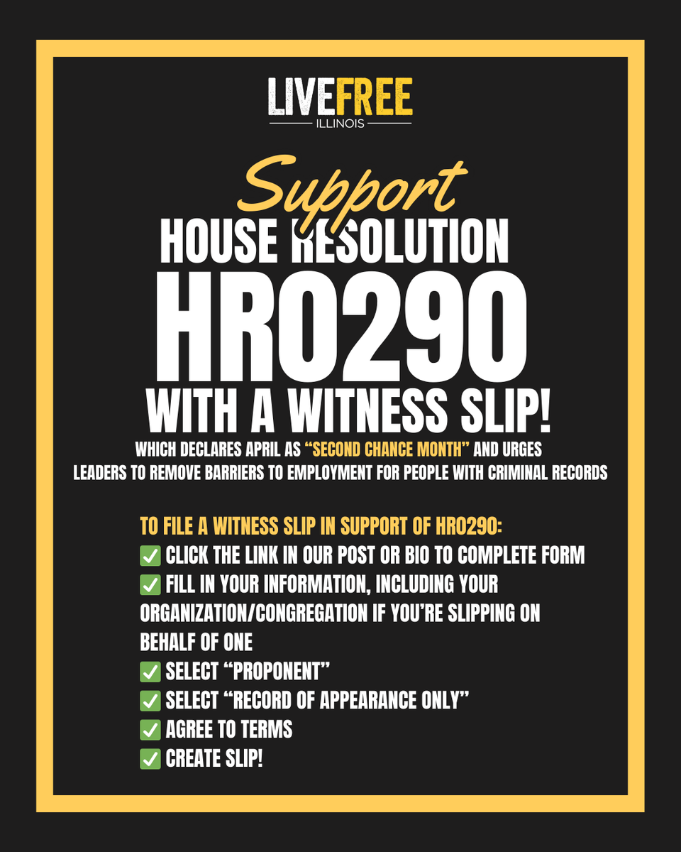 Illinois friends: We need your voice! 🗣️ Support HR0290 to make April “Second Chance Month” and help remove barriers to employment for people with criminal records. Filing a witness slip takes just a minute-click the link here: tr.ee/bTUKaf51qX to stand up for justice!