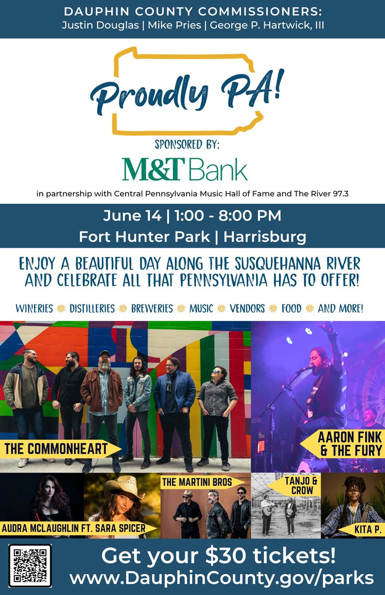 Dauphin County Parks & Recreation (@dauphinparksrec) on Twitter photo 📢 Proudly PA! is back—bigger, bolder, and bursting with local flavor & Music! 🍻🎶
6/14 | 1-8 PM | Fort Hunter Park
Proudly PA! with <a href="/cpmhof/">Central Pennsylvania Music Hall of Fame</a> & <a href="/TheRiver973/">The River 97.3</a> is sponsored by <a href="/MandT_Bank/">M&T Bank</a>
Event sponsor: <a href="/VisitHersheyHBG/">Visit Hershey & Harrisburg</a>
🎟️Tickets just $30 ($40 day of)! bit.ly/Proudly_PA 📢 Proudly PA! is back—bigger, bolder, and bursting with local flavor & Music! 🍻🎶
6/14 | 1-8 PM | Fort Hunter Park
Proudly PA! with <a href="/cpmhof/">Central Pennsylvania Music Hall of Fame</a> & <a href="/TheRiver973/">The River 97.3</a> is sponsored by <a href="/MandT_Bank/">M&T Bank</a>
Event sponsor: <a href="/VisitHersheyHBG/">Visit Hershey & Harrisburg</a>
🎟️Tickets just $30 ($40 day of)! bit.ly/Proudly_PA