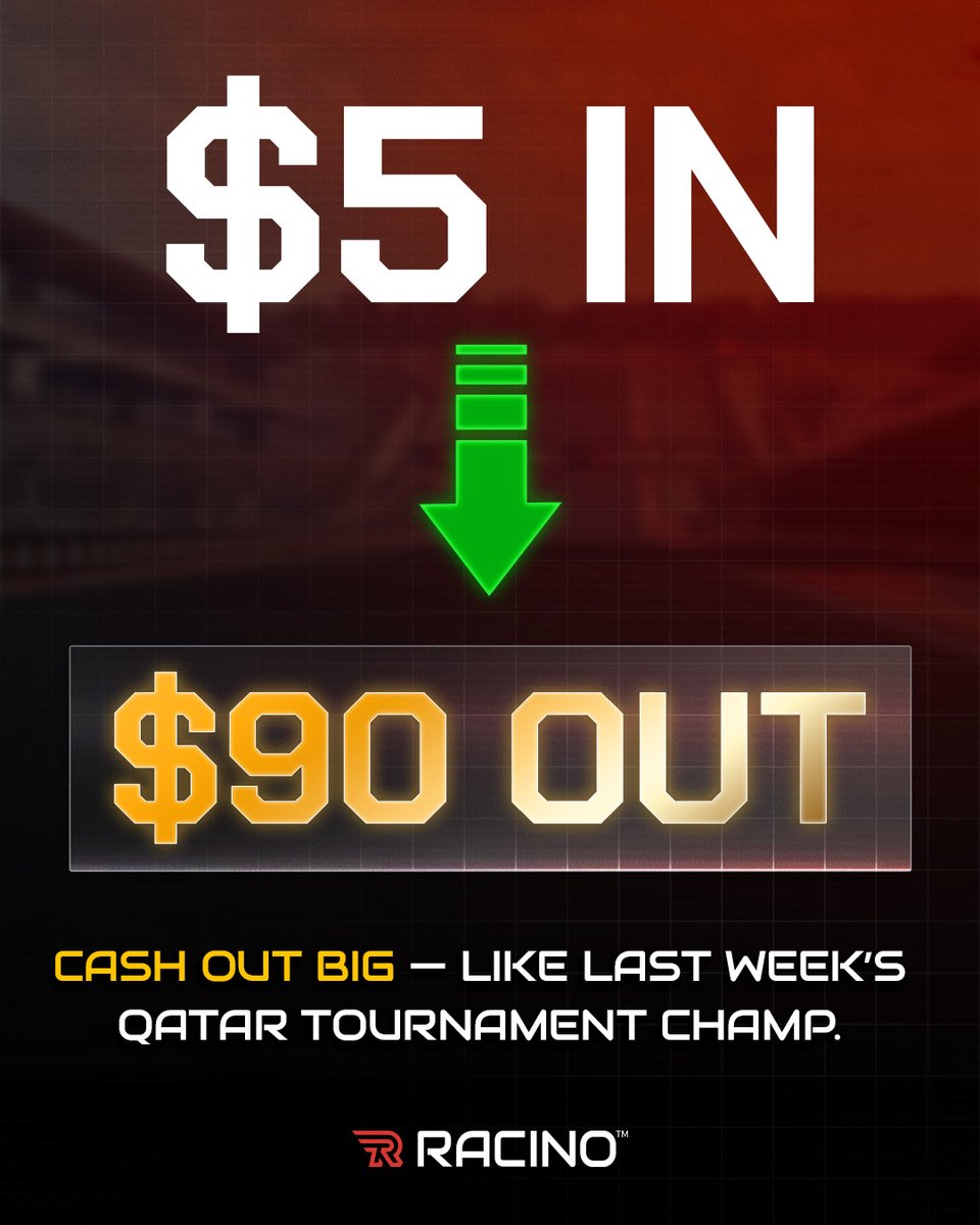racinogaming's tweet photo. 💸 Turn $5 into $90?
Last week, someone did it in a single race.
All it takes is your strategy.
https://t.co/8YmuzpllvE
#RaceSmart #Racino #TrackToCash #SimRacingWin https://t.co/BhoHjwFBFC