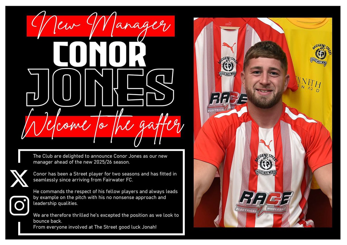 Bridgend Street Football Club are delighted to announce Conor Jones as our new manager ahead of the nee season⚽️

We are therefore thrilled he’s excepted the position as we look to bounce back.

From everyone involved at The Street good luck Jonah🇦🇹👌