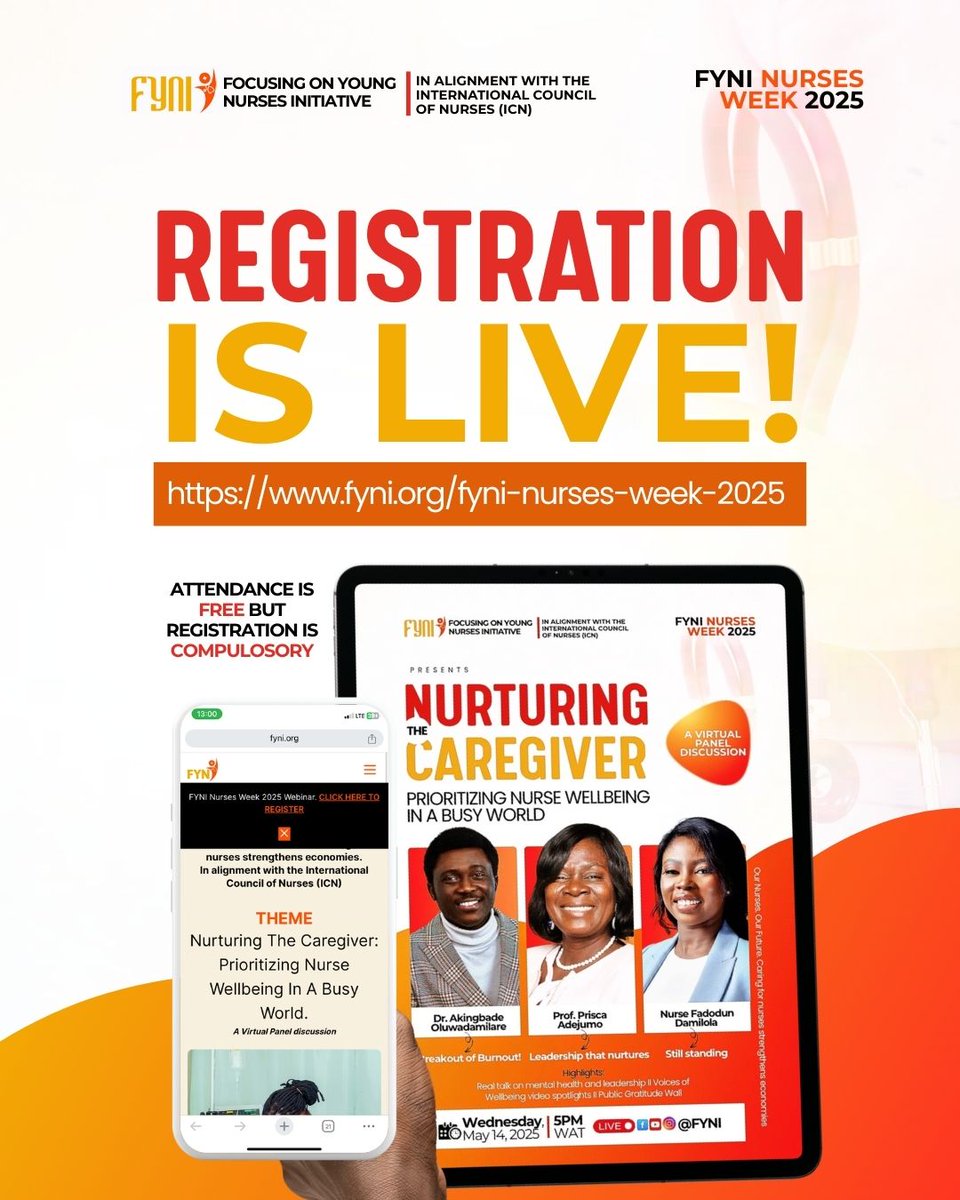Prof Prisca Olabisi Adejumo (@priscaadejumo) on Twitter photo The mental & physical wellbeing of nurses is essential for the diligent discharge of duties in the healthcare system.
<a href="/Callednurse/">The Nurse Researcher</a> & I will be present for this webinar hosted by <a href="/FYNI_Official/">Focusing On Young Nurses Initiative</a>.
๐๏ธ May 14 | 5PM WAT
๐ Register now: fyni.org/fyni-nurses-weโฆ
#NursesWeek2025 The mental & physical wellbeing of nurses is essential for the diligent discharge of duties in the healthcare system.
<a href="/Callednurse/">The Nurse Researcher</a> & I will be present for this webinar hosted by <a href="/FYNI_Official/">Focusing On Young Nurses Initiative</a>.
๐๏ธ May 14 | 5PM WAT
๐ Register now: fyni.org/fyni-nurses-weโฆ
#NursesWeek2025