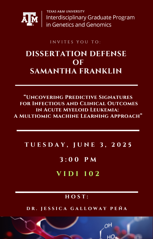 TAMU Genetics and Genomics (@tamugene) on Twitter photo Dear GGEN Community,
Exciting news! You are invited to the dissertation defense of Samantha Franklin!
Date: Tuesday, June, 2025
Time: 3:00 PM (CST)
Location: VIDI 102
Host: Dr. Galloway-Peña
Save the date in your calendar here: genetics.tamu.edu/events/samanth…
#TAMUGENE <a href="/tamuvetmed/">Texas A&M VetMed</a> Dear GGEN Community,
Exciting news! You are invited to the dissertation defense of Samantha Franklin!
Date: Tuesday, June, 2025
Time: 3:00 PM (CST)
Location: VIDI 102
Host: Dr. Galloway-Peña
Save the date in your calendar here: genetics.tamu.edu/events/samanth…
#TAMUGENE <a href="/tamuvetmed/">Texas A&M VetMed</a>