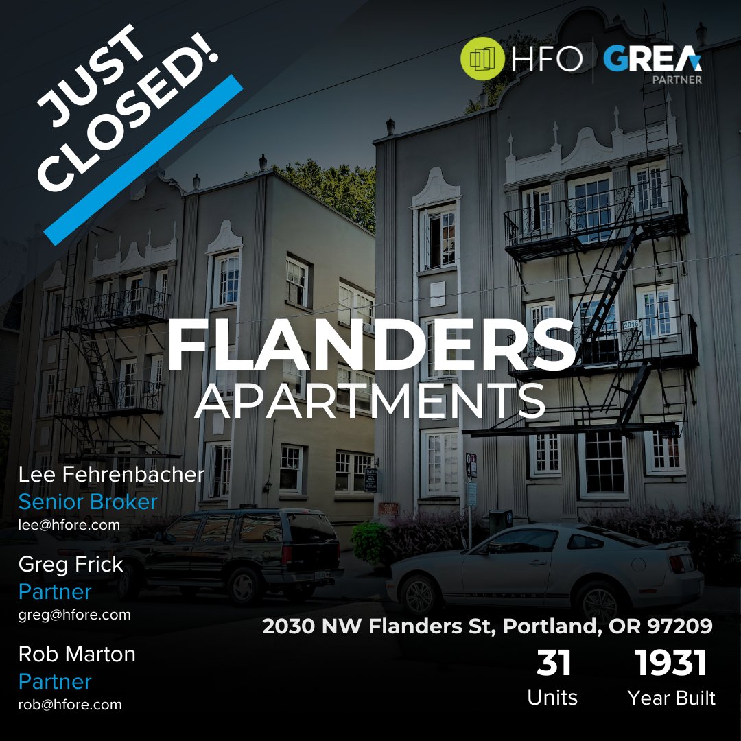 Just Closed: Flanders Apartments – 31 units in the heart of Portland, OR. Congrats to Lee Fehrenbacher, Greg Frick, and Rob Marton for successfully closing this transaction, and shoutout to the entire HFO team for their work on this.

#Multifamily #CRE #HFORE #GREA #Portland