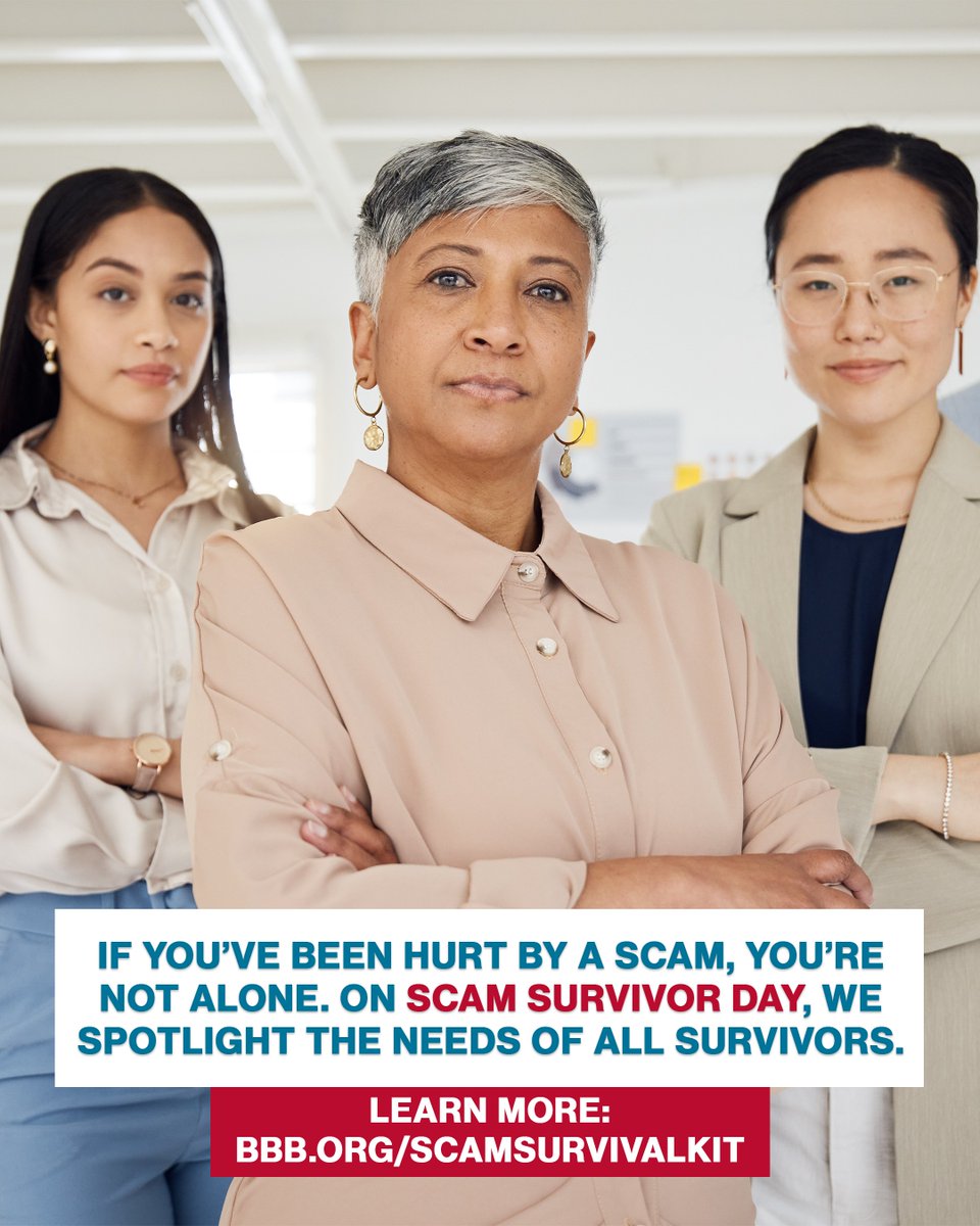 Scams can happen to anyone—and if they’ve happened to you, you’re not alone. Scam Survivor Day is about recognizing and uplifting all survivors.

Get more resources at: bbbmarketplacetrust.org/scam-survivor/ 

#ScamSurvivor #Scams #ScamSurvivorDay #WeStandUnited