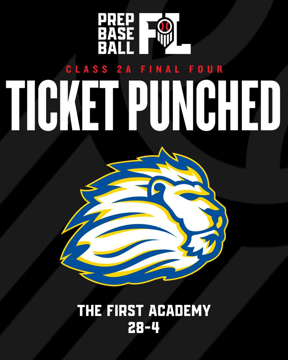 Prep Baseball Florida (@prepbaseballfl) on Twitter photo 𝐓𝐢𝐜𝐤𝐞𝐭 𝐏𝐮𝐧𝐜𝐡𝐞𝐝: 𝐅𝐢𝐧𝐚𝐥 𝐅𝐨𝐮𝐫 🎟️
The First Academy is headed to the 2A State Final Four.
TFA defeated Lakeland Christian in 2 games to punch their ticket to Fort Myers.
<a href="/TFABaseball_/">The First Academy Baseball</a>
📝: loom.ly/CD1YTAw 𝐓𝐢𝐜𝐤𝐞𝐭 𝐏𝐮𝐧𝐜𝐡𝐞𝐝: 𝐅𝐢𝐧𝐚𝐥 𝐅𝐨𝐮𝐫 🎟️
The First Academy is headed to the 2A State Final Four.
TFA defeated Lakeland Christian in 2 games to punch their ticket to Fort Myers.
<a href="/TFABaseball_/">The First Academy Baseball</a>
📝: loom.ly/CD1YTAw