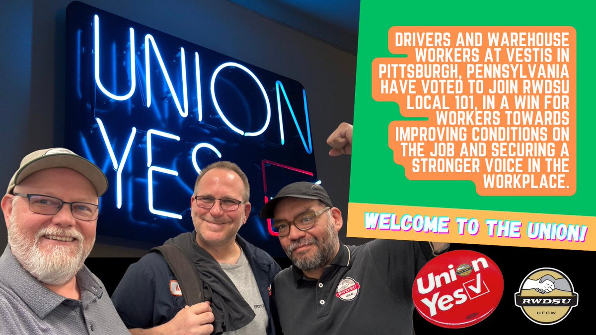 RWDSU's tweet image. Pittsburgh, PA Vestis workers have voted to join @RWDSU Local 101 let's give them all a big welcome to the RWDSU! Workers have long faced challenges around  safety, scheduling, and inadequate pay. Learn more: rwdsu.org/news/vestis-wo…
#UnionYes #UnionStrong #paunion