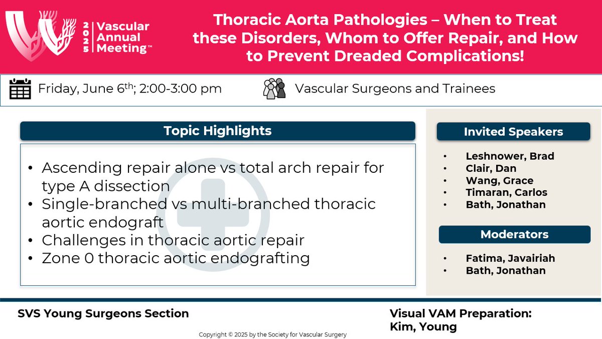 This week's Visual VAM, prepared by Young Kim, MD, offers insights to thoracic aorta pathologies. When do you treat, who gets repairs and how do you prevent complications? Find all the answers to these questions at #VAM25! #linkinbio