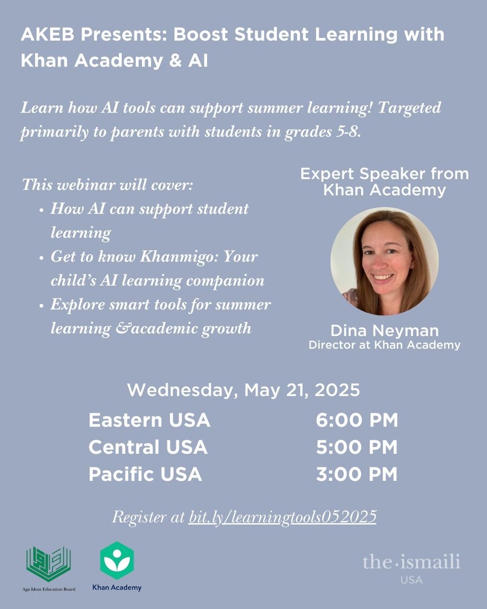 Join AKEB on Wed, May 21 at 6 PM ET for a special Khanmigo session! Parents of rising 5th–8th graders will explore how AI can boost summer learning with Khan Academy’s tool. Don’t miss it! 

bit.ly/learningtools0…

#TheIsmaili #OneJamat #OneHumanity
