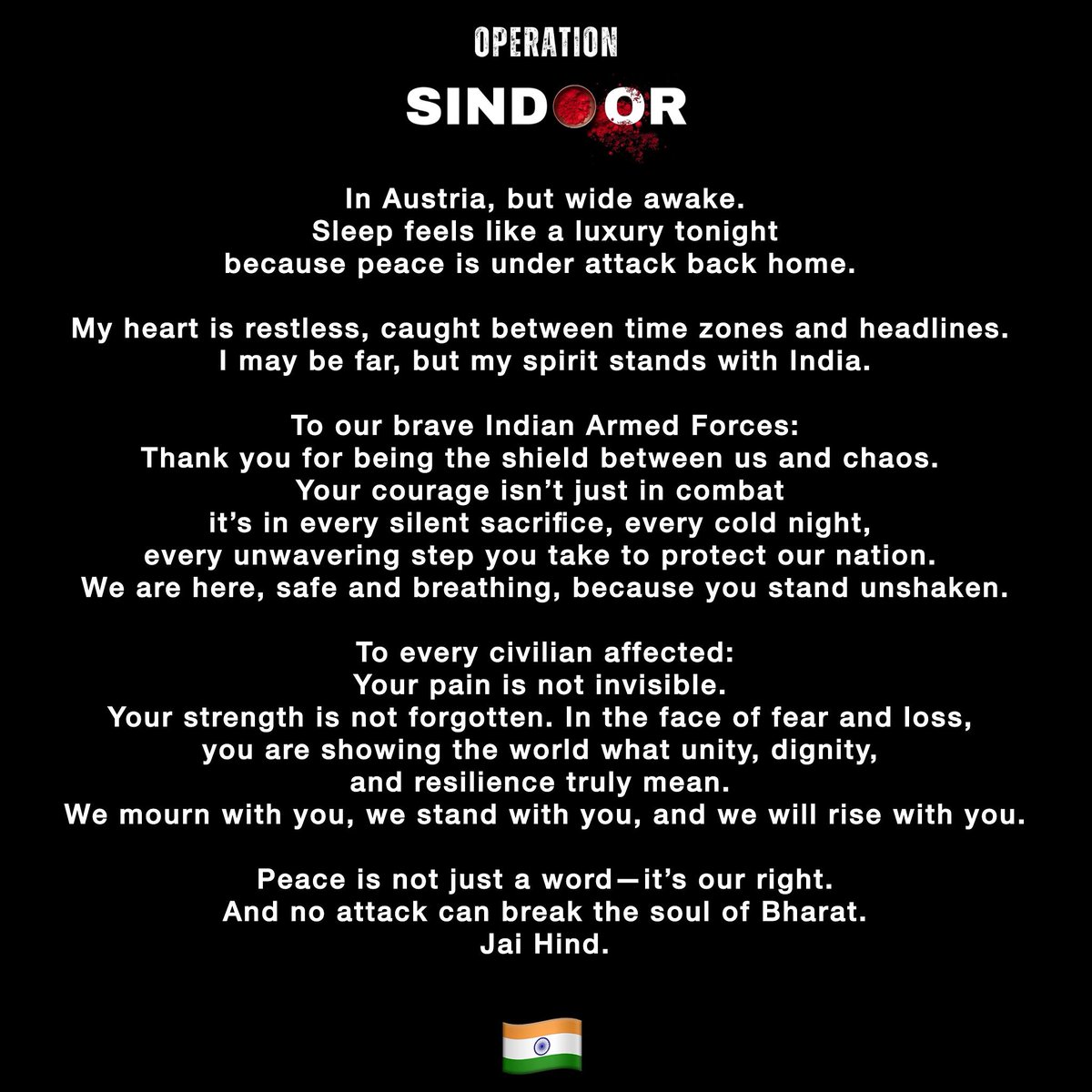 “उग्रं वीरं महाविष्णुं ज्वलन्तं सर्वतोमुखम्।
नृसिंहं भीषणं भद्रं मृत्यु मृत्युं नमाम्यहम्॥” On repeat for my country and our soldiers … 
#OperationSindoor 
#IndianArmy #indian #celinajaitly